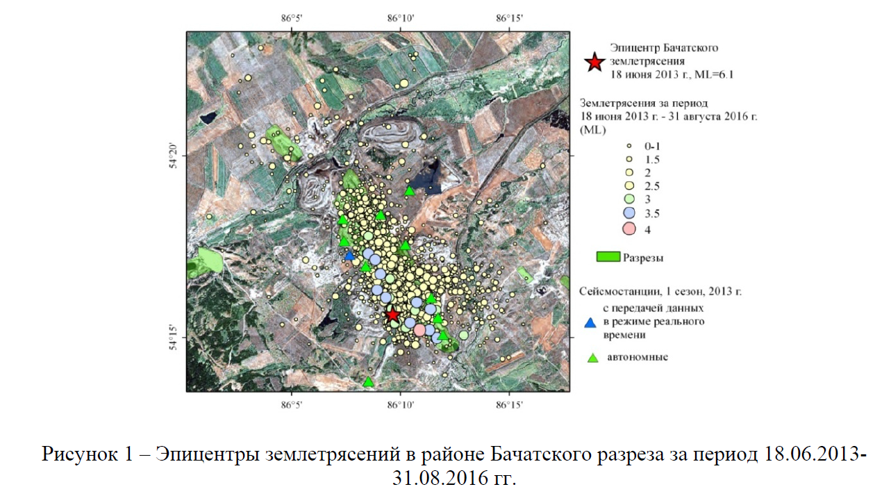 Эпицентры землетрясений в районе Бачатского разреза